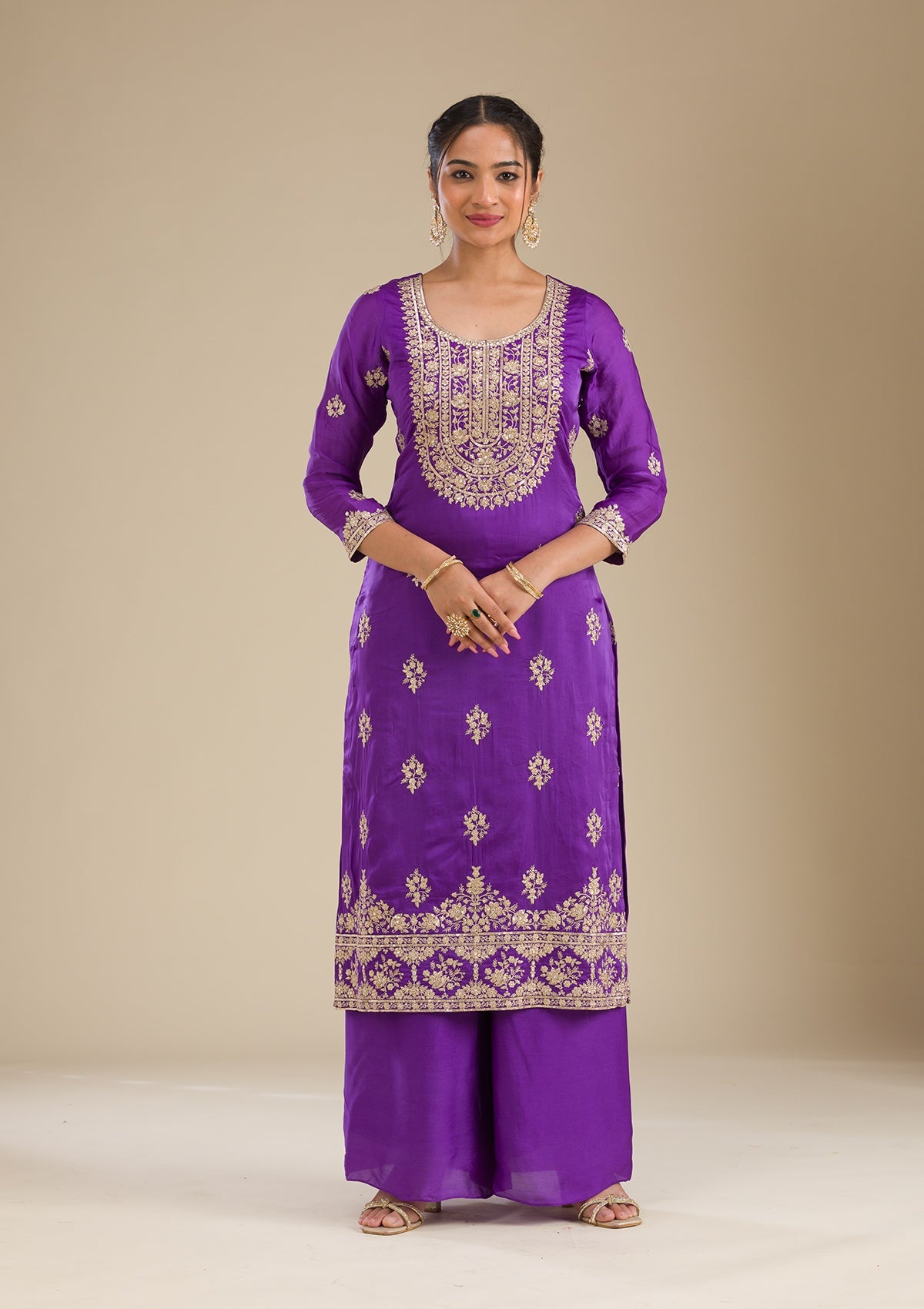 Purple Zariwork Semi Crepe Readymade Salwar Suit-Koskii