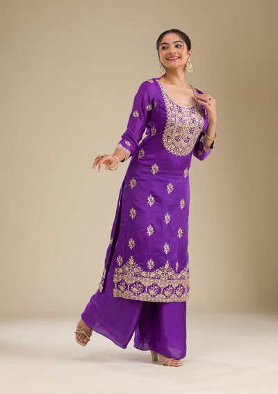 Purple Zariwork Semi Crepe Readymade Salwar Suit-Koskii