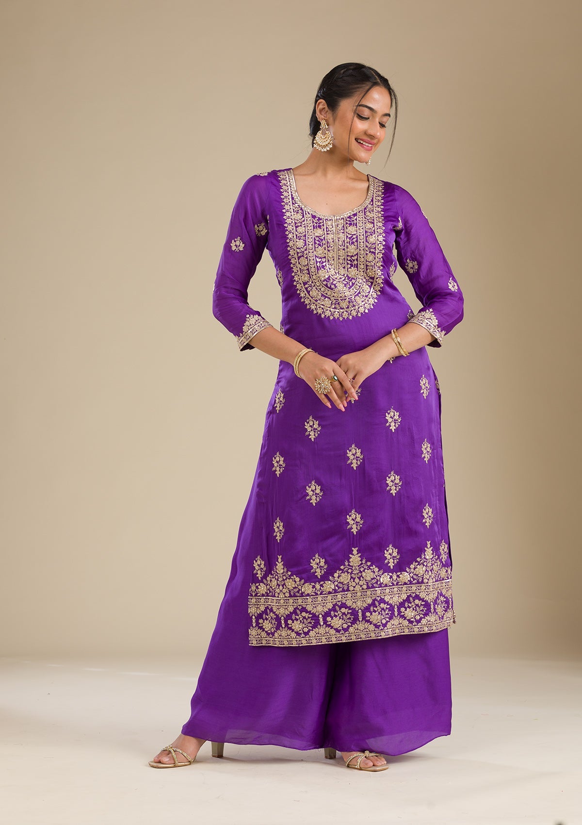 Purple Zariwork Semi Crepe Readymade Salwar Suit-Koskii