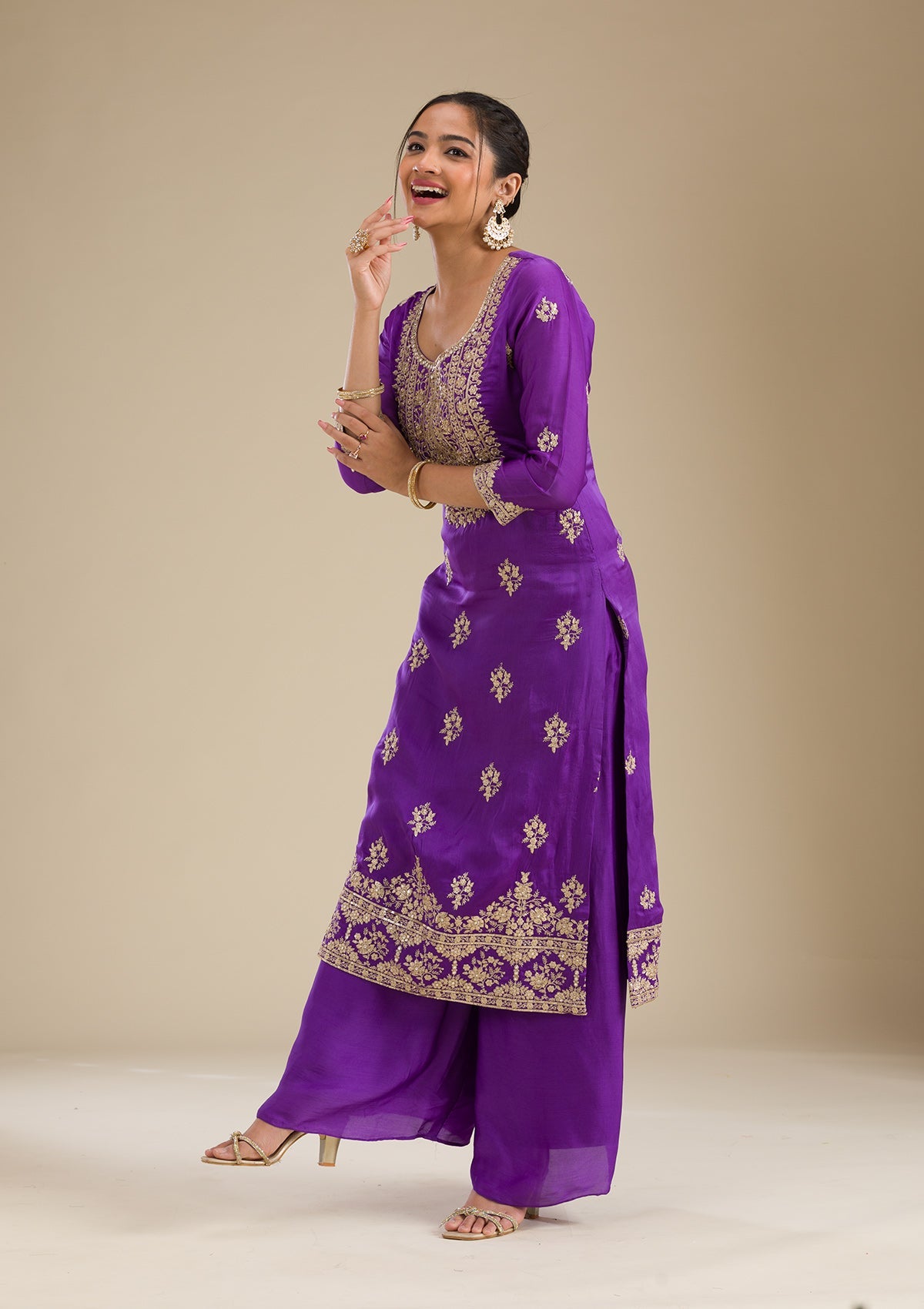 Purple Zariwork Semi Crepe Readymade Salwar Suit-Koskii