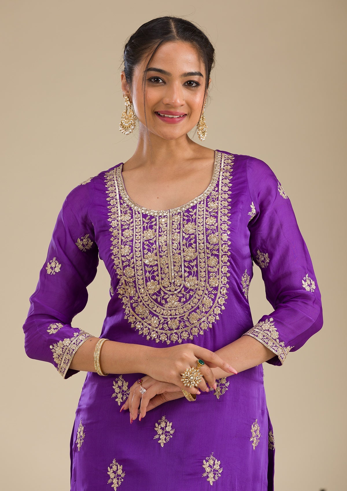 Purple Zariwork Semi Crepe Readymade Salwar Suit-Koskii