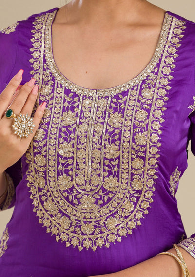 Purple Zariwork Semi Crepe Readymade Salwar Suit-Koskii