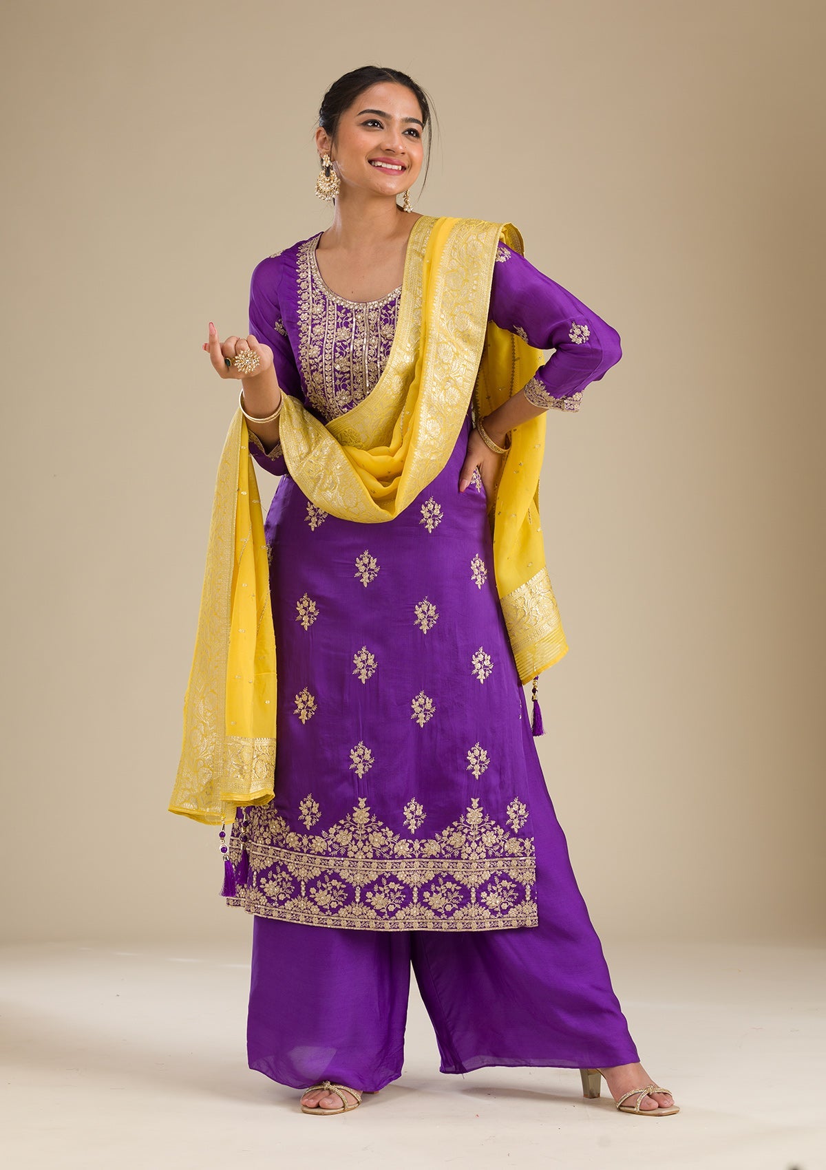 Purple Zariwork Semi Crepe Readymade Salwar Suit-Koskii