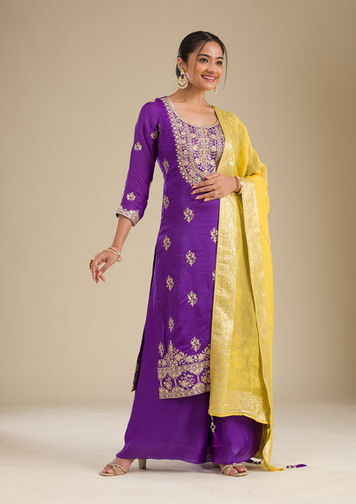 Purple Zariwork Semi Crepe Readymade Salwar Suit-Koskii