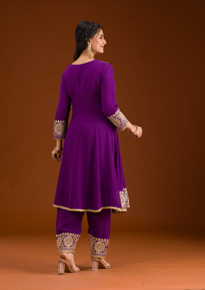 Purple Zariwork Semi Crepe Readymade Salwar Suit-Koskii