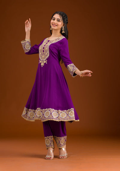 Purple Zariwork Semi Crepe Readymade Salwar Suit