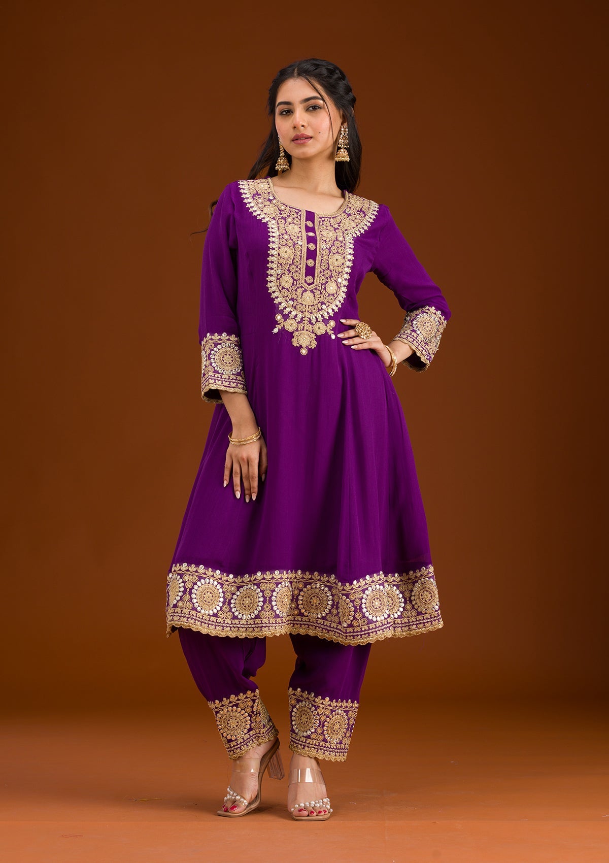 Purple Zariwork Semi Crepe Readymade Salwar Suit-Koskii