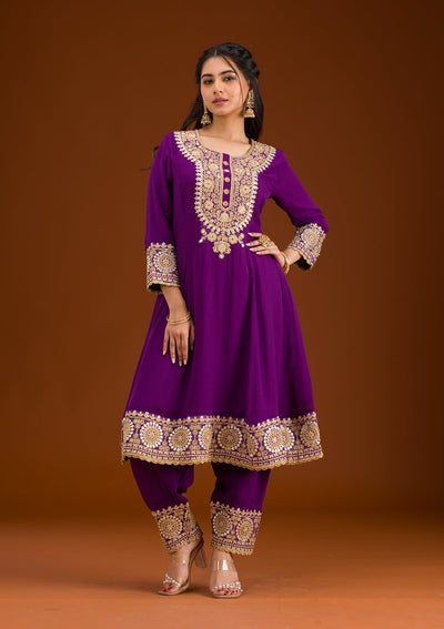 Purple Zariwork Semi Crepe Readymade Salwar Suit-Koskii