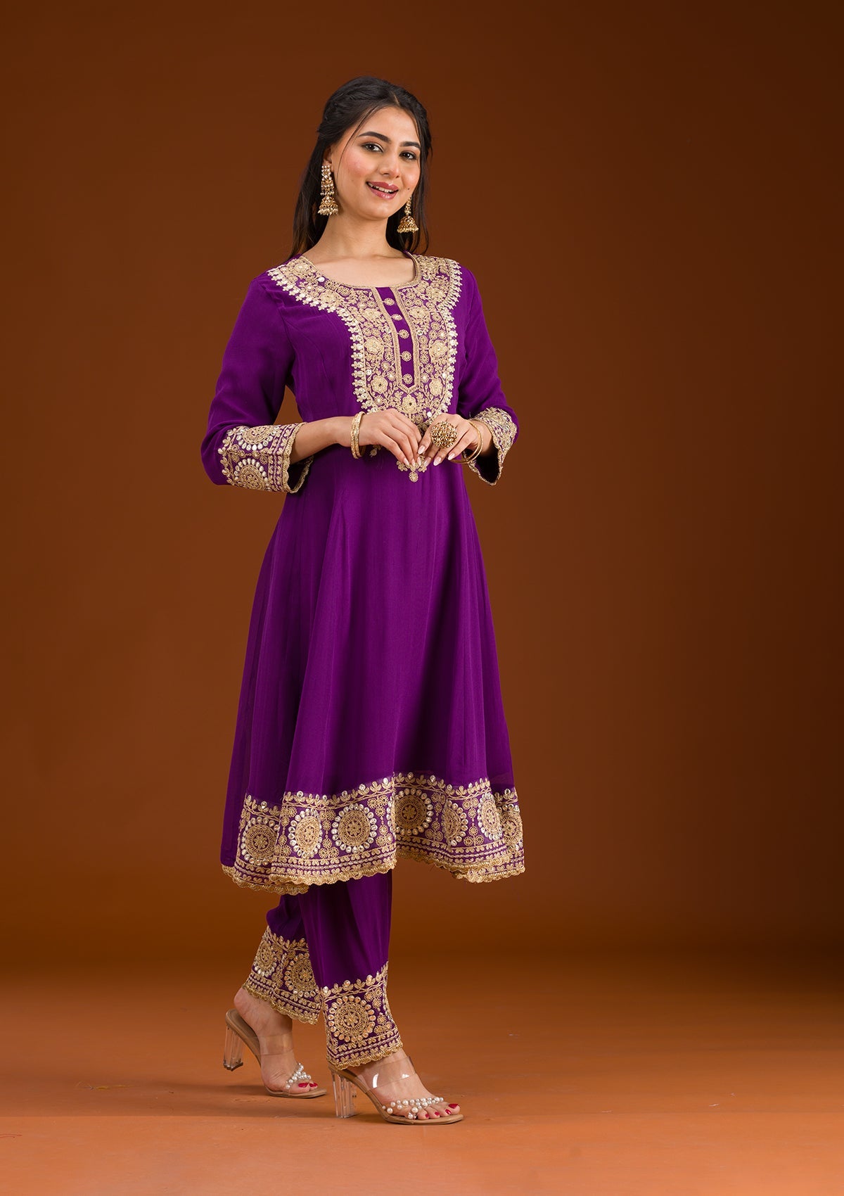 Purple Zariwork Semi Crepe Readymade Salwar Suit