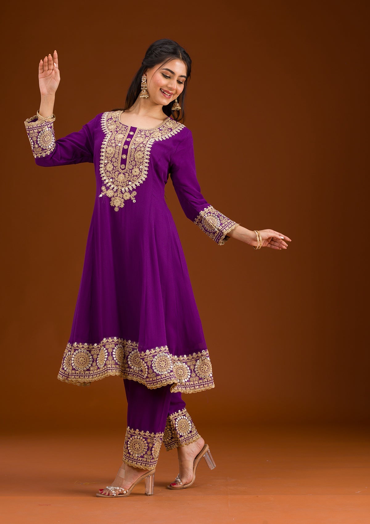 Purple Zariwork Semi Crepe Readymade Salwar Suit