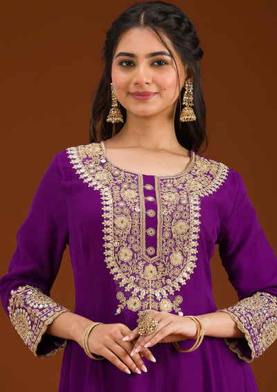 Purple Zariwork Semi Crepe Readymade Salwar Suit-Koskii