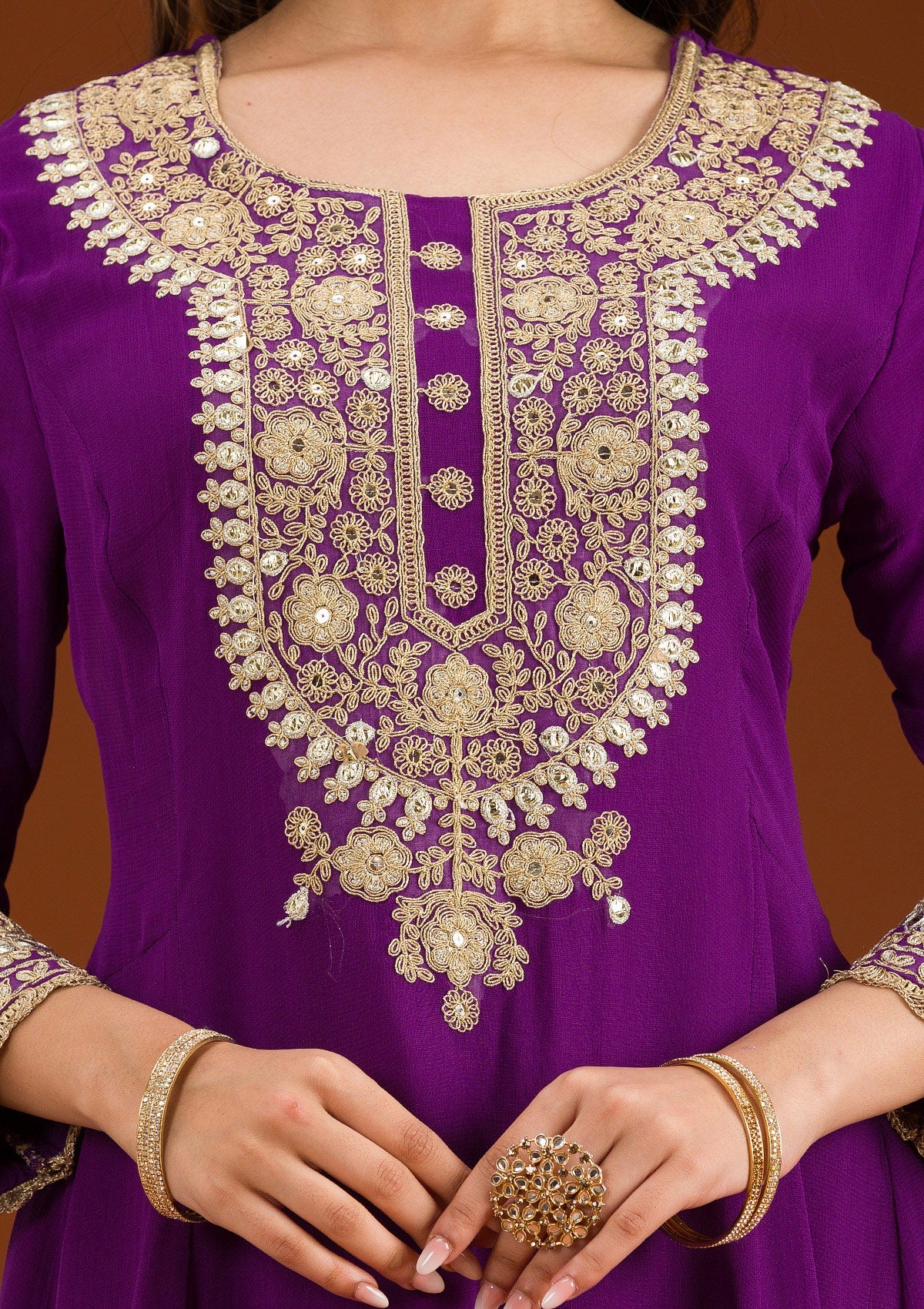 Purple Zariwork Semi Crepe Readymade Salwar Suit