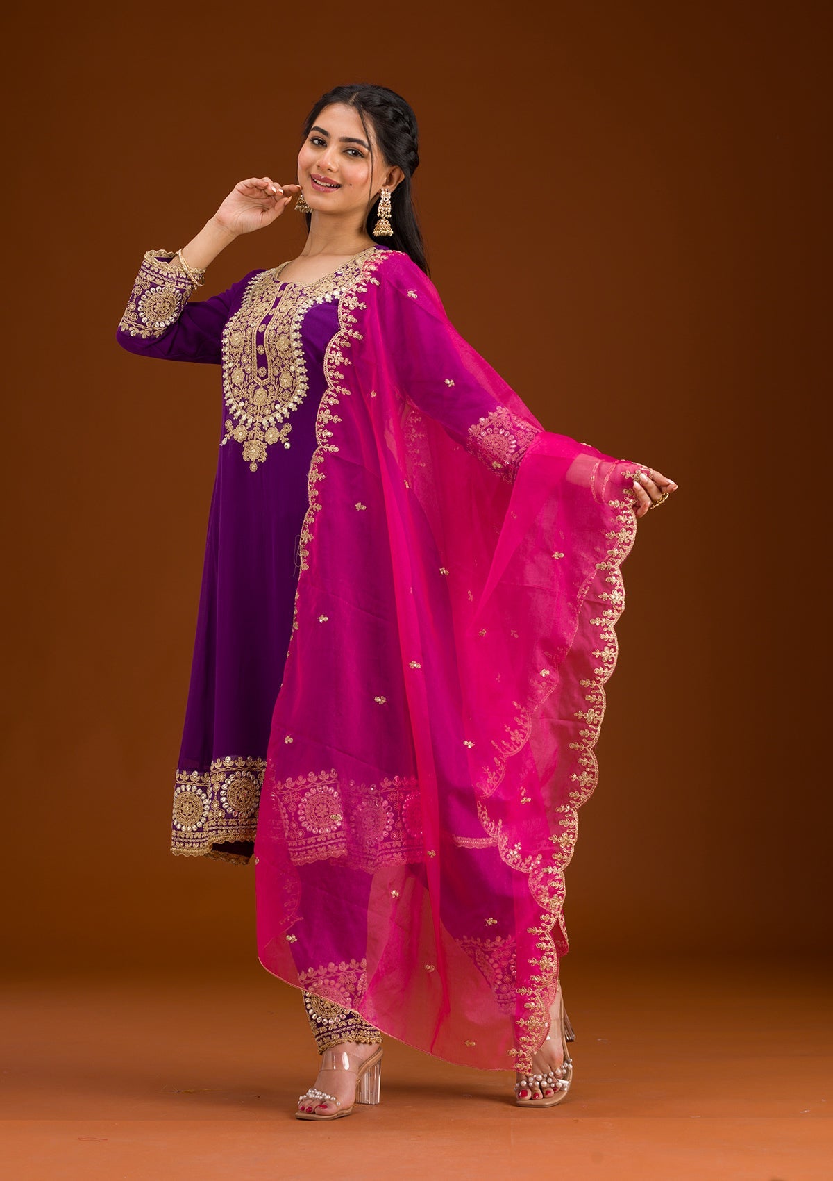 Purple Zariwork Semi Crepe Readymade Salwar Suit-Koskii