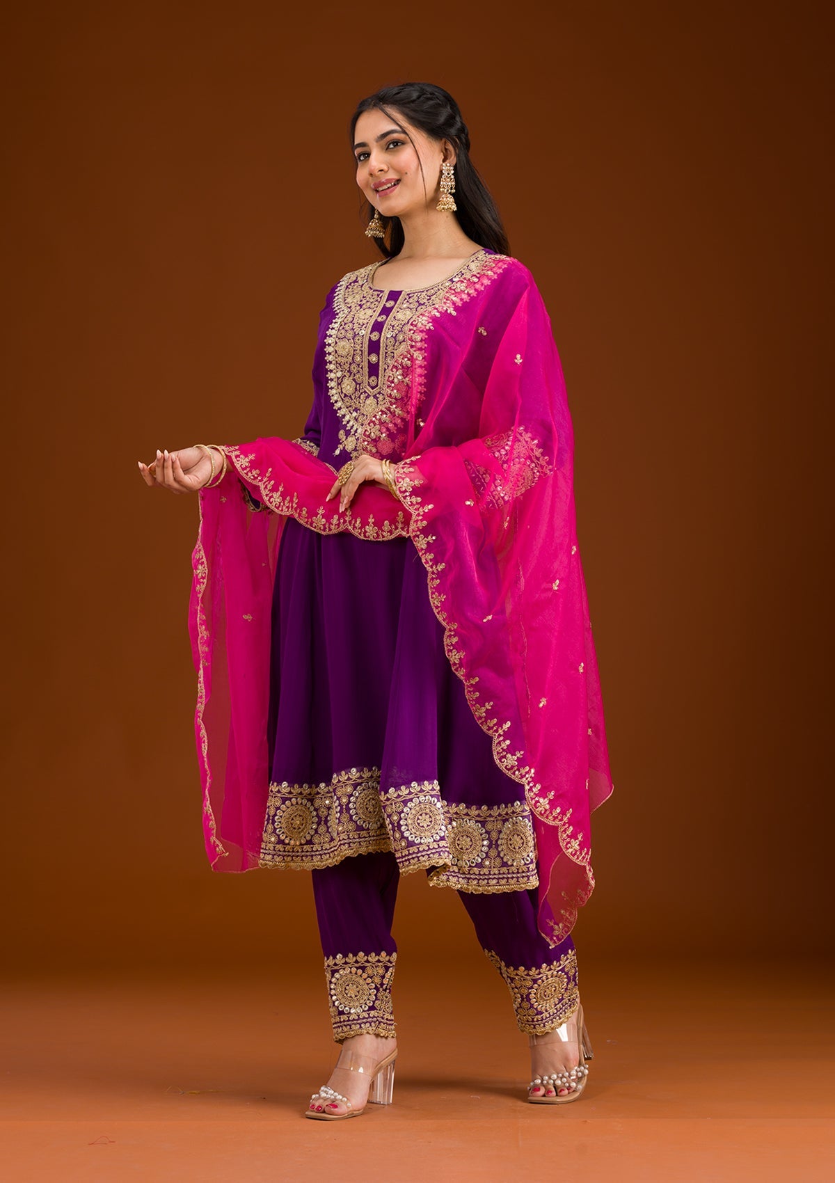 Purple Zariwork Semi Crepe Readymade Salwar Suit