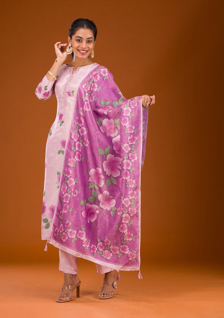 Purple Zariwork Semi Crepe Readymade Salwar Suit