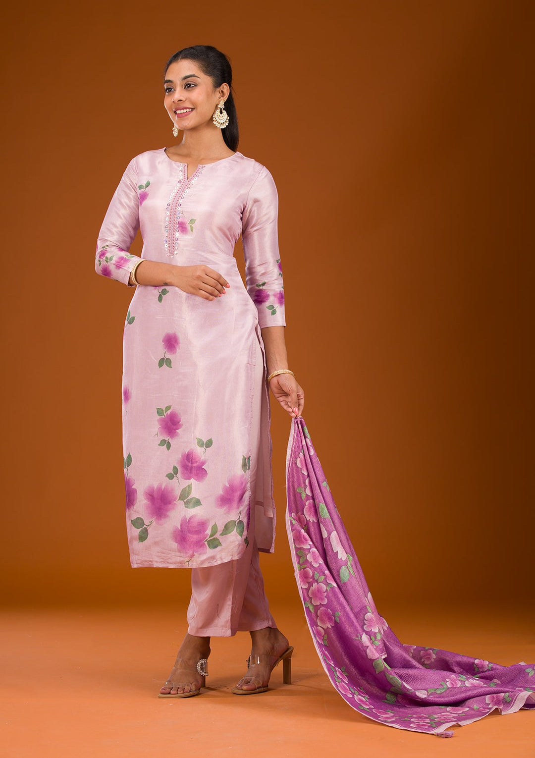 Purple Zariwork Semi Crepe Readymade Salwar Suit