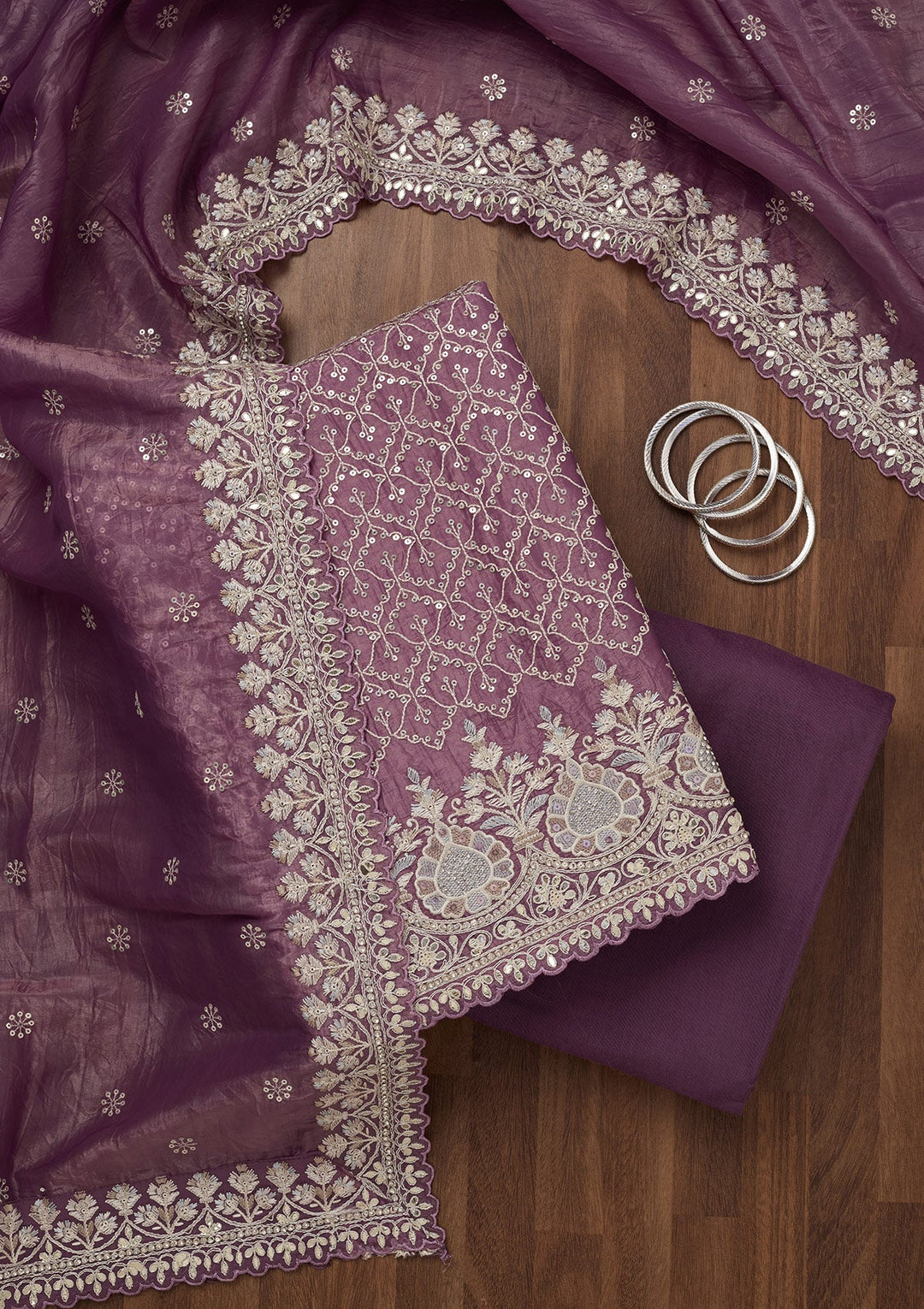 Purple Zariwork Semi Crepe Unstitched Salwar Suit-Koskii