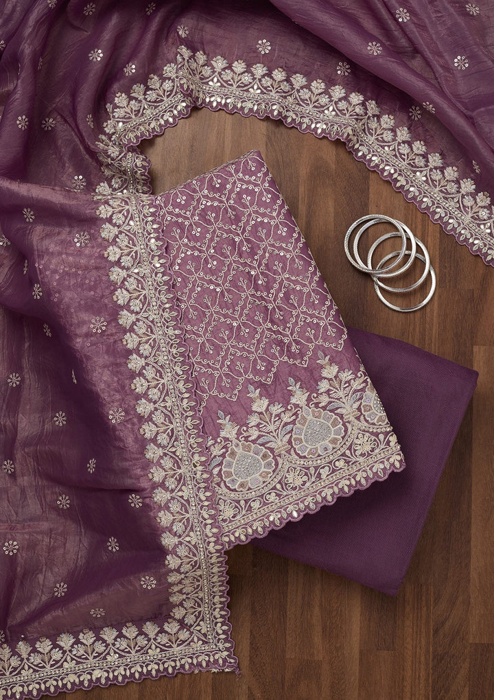 Purple Zariwork Semi Crepe Unstitched Salwar Suit-Koskii