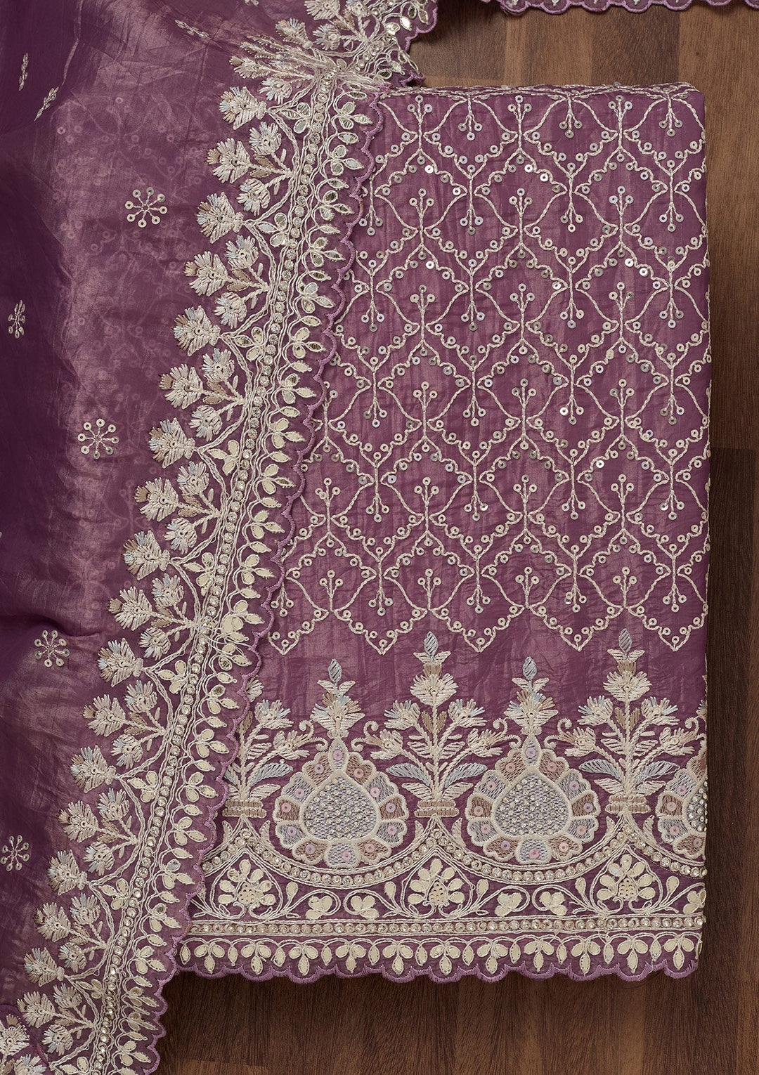 Purple Zariwork Semi Crepe Unstitched Salwar Suit-Koskii