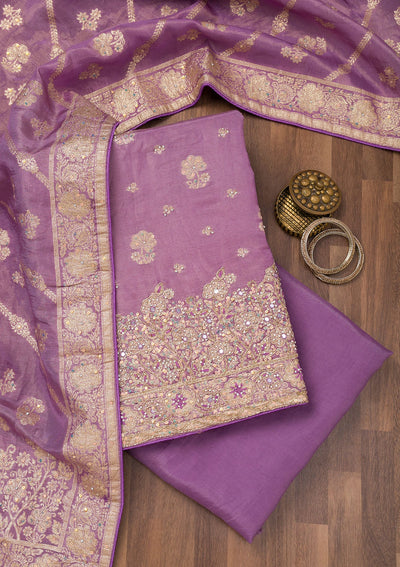 Purple Zariwork Semi Crepe Unstitched Salwar Suit-Koskii