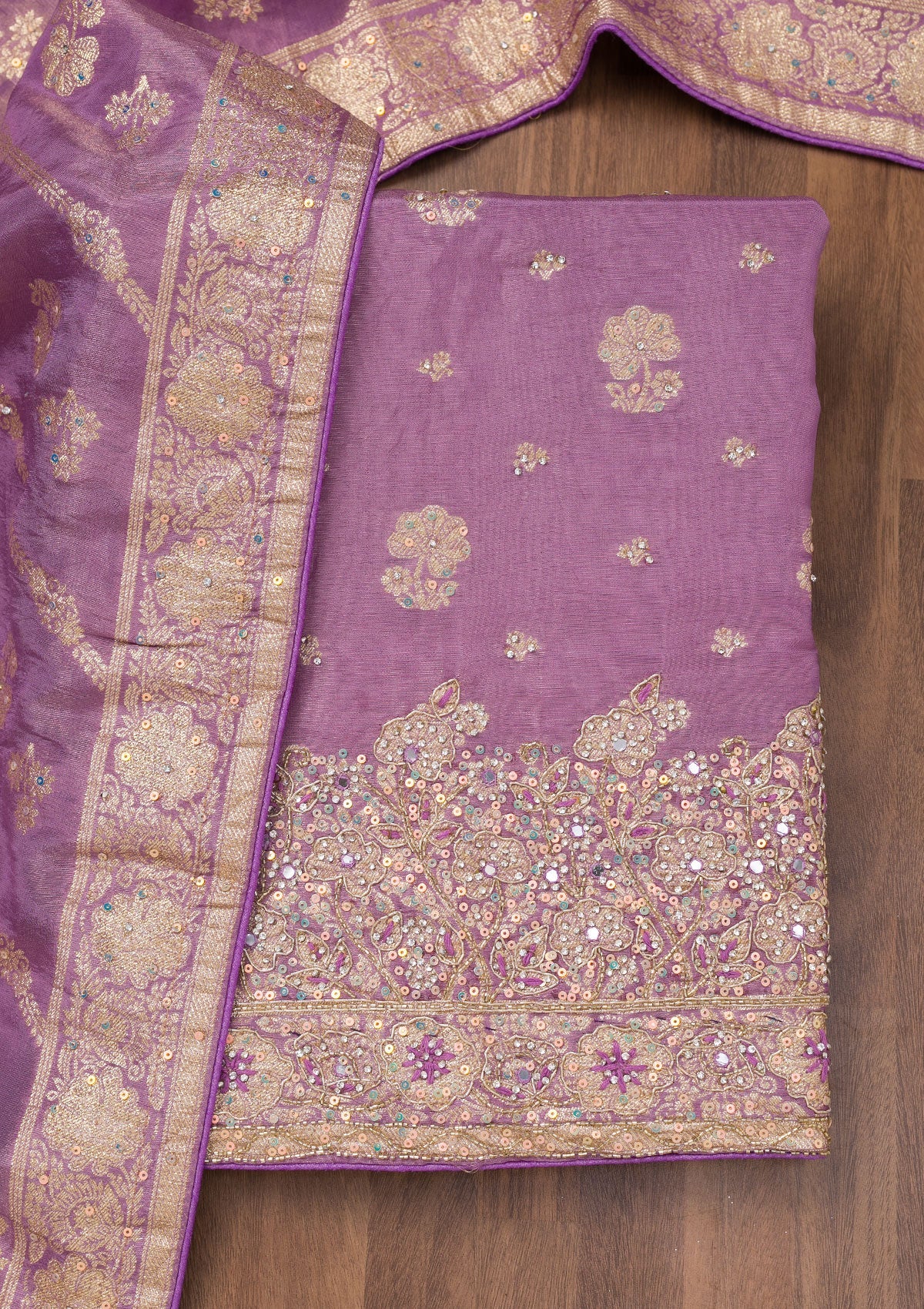 Purple Zariwork Semi Crepe Unstitched Salwar Suit-Koskii