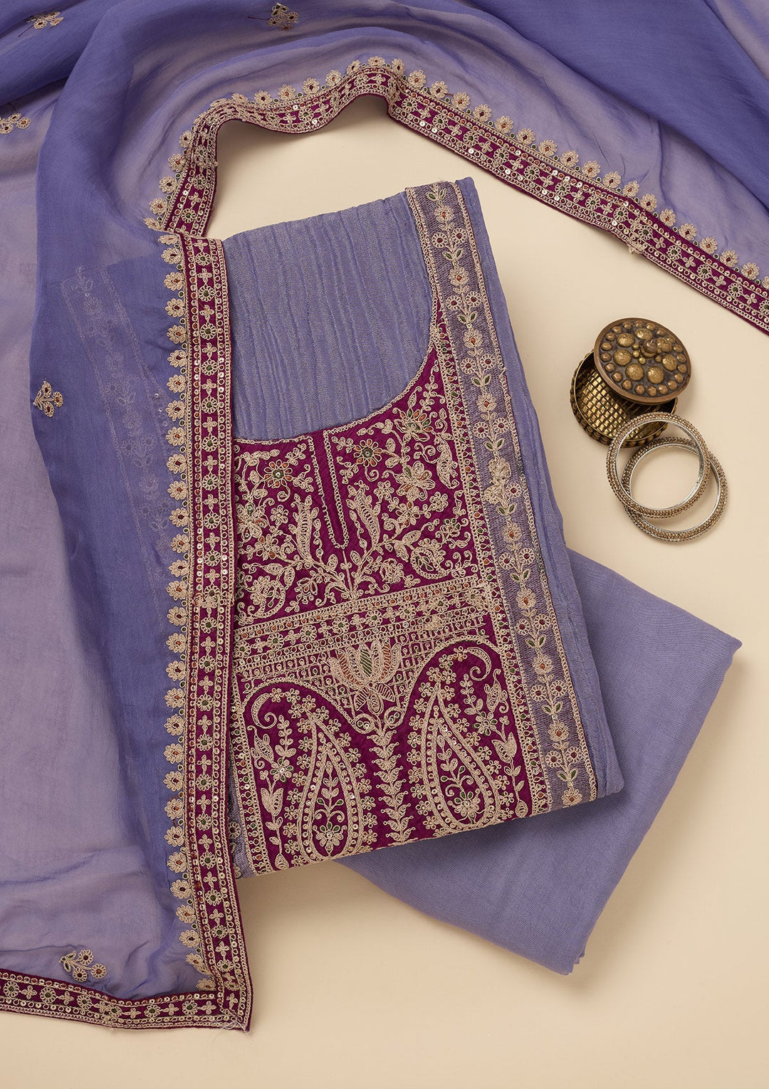 Purple Zariwork Tissue Unstitched Salwar Suit-Koskii
