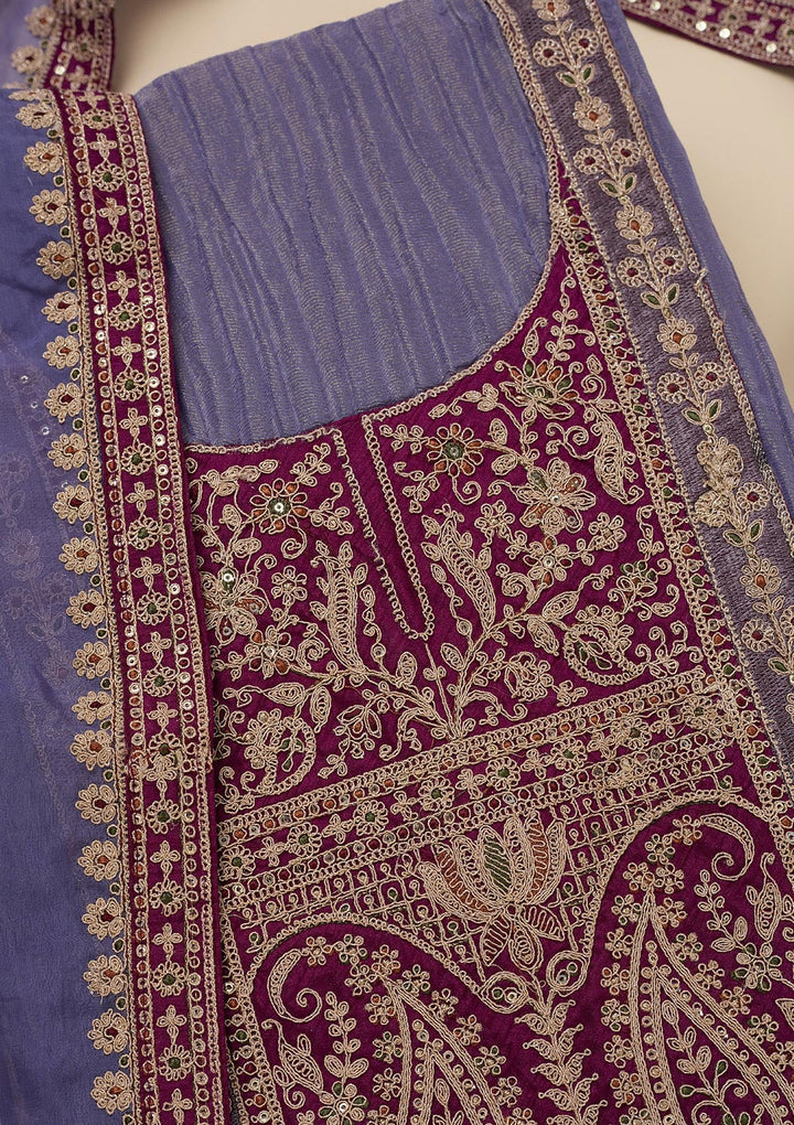 Purple Zariwork Tissue Unstitched Salwar Suit-Koskii
