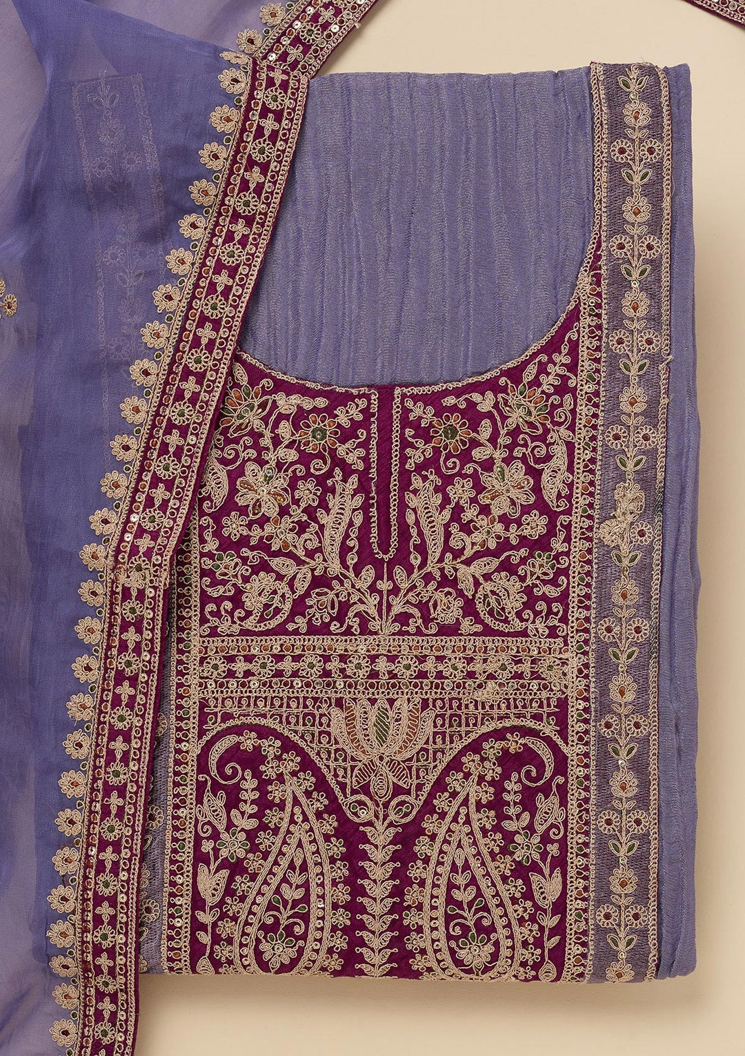 Purple Zariwork Tissue Unstitched Salwar Suit-Koskii