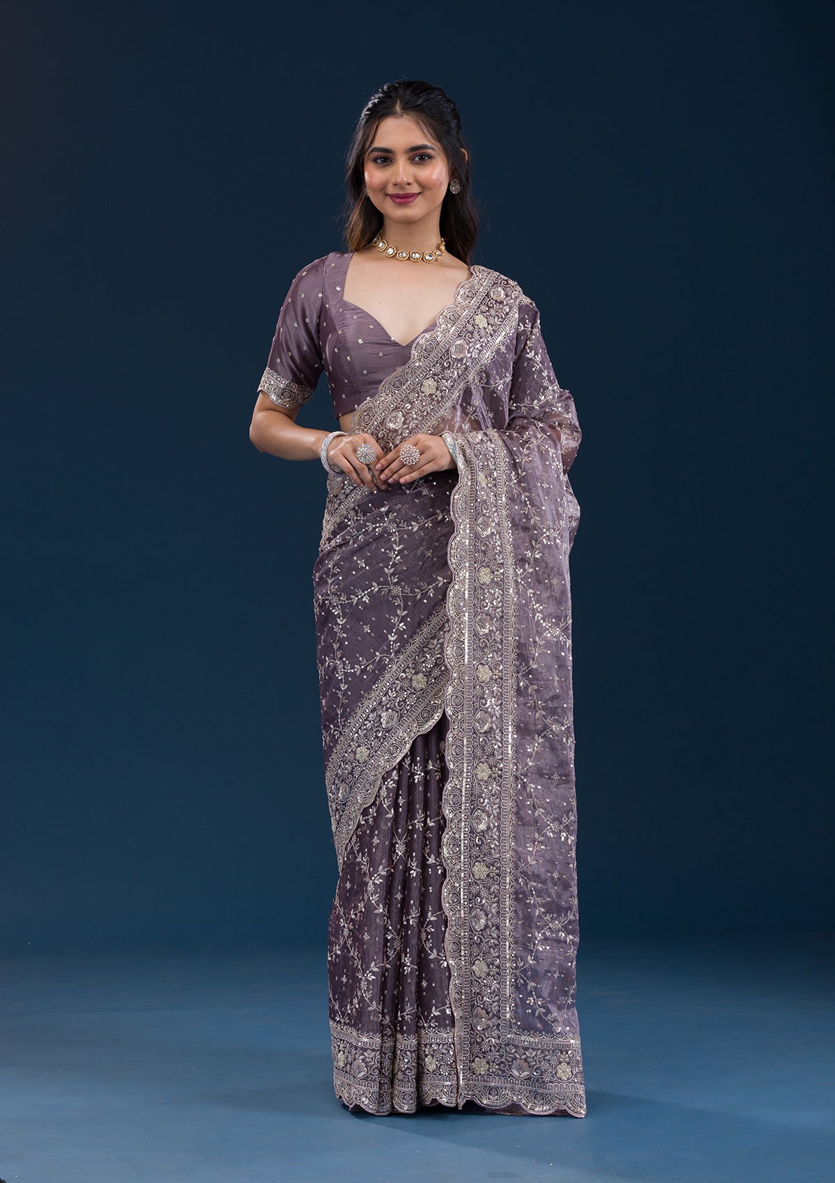 Purple Zariwork Tissue Saree-Koskii