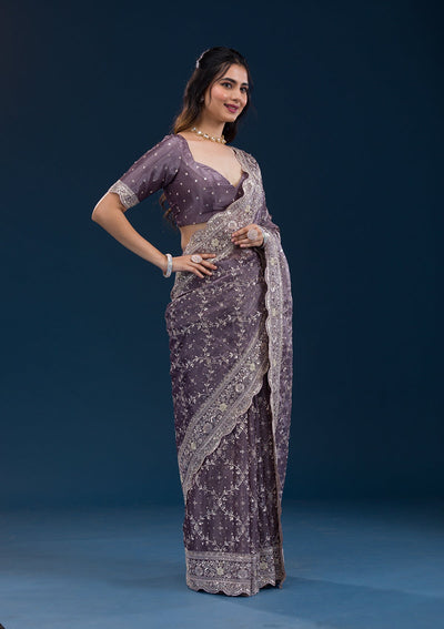 Purple Zariwork Tissue Saree-Koskii