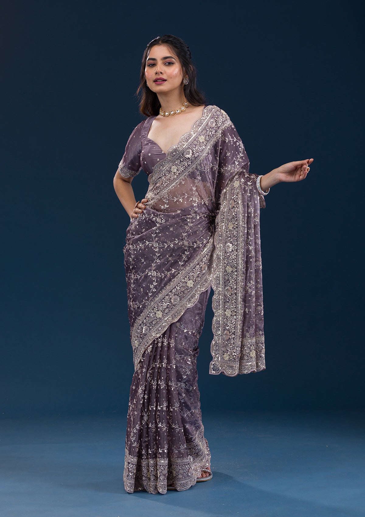 Purple Zariwork Tissue Saree-Koskii