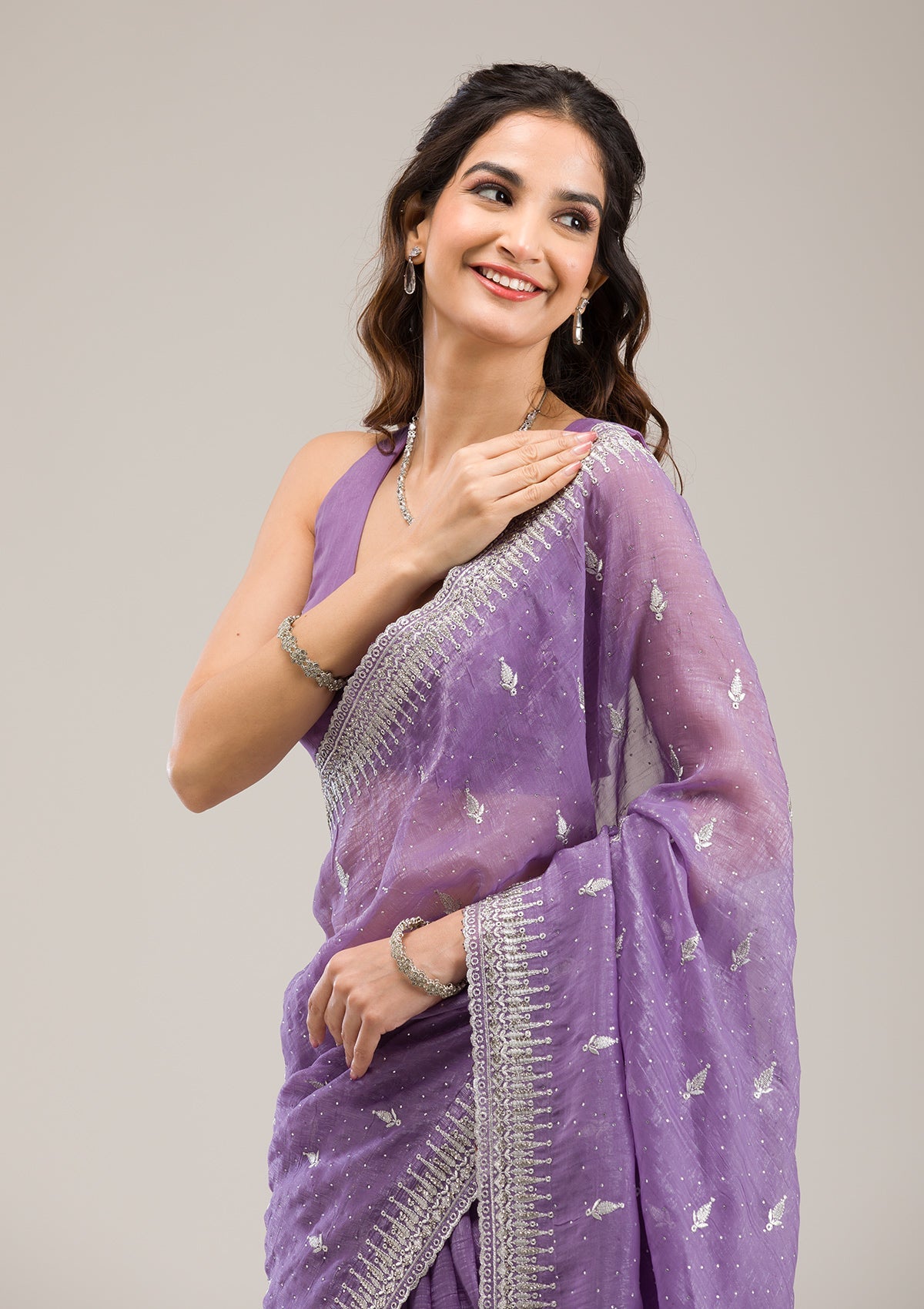 Buy Purple Zariwork Tissue Saree - Koskii
