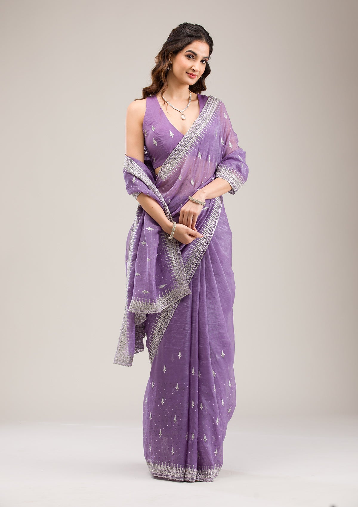 Purple Zariwork Tissue Saree-Koskii