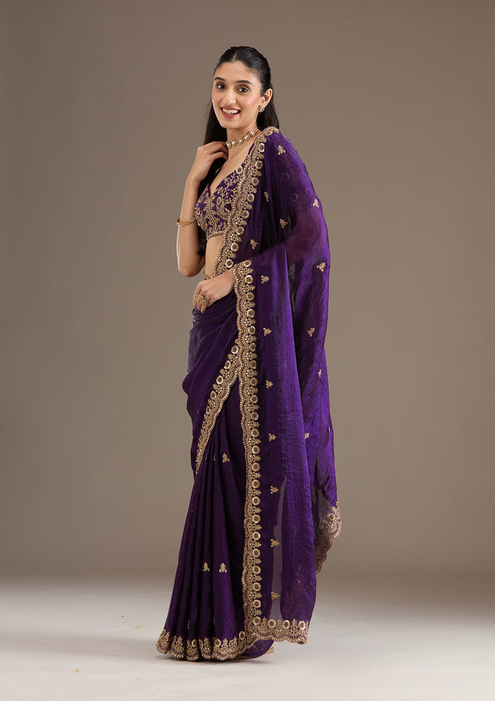 Purple Zariwork Tissue Saree-Koskii