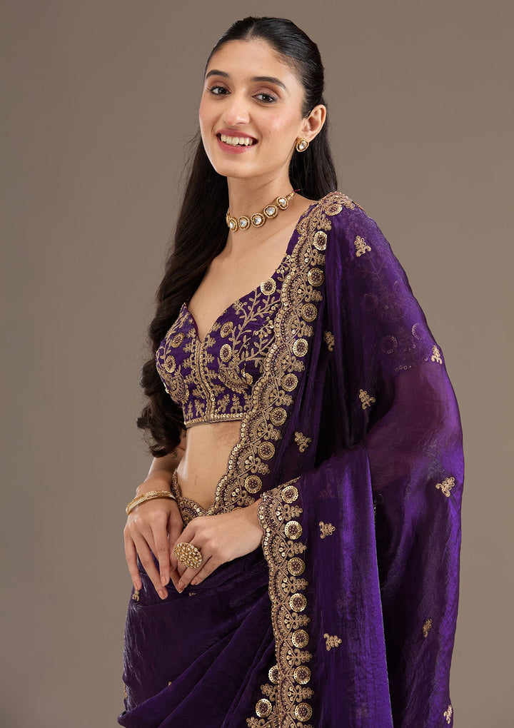 Purple Zariwork Tissue Saree-Koskii