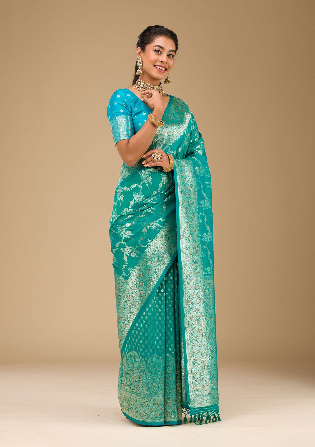 Rama Green Stonework Art Silk Saree-Koskii