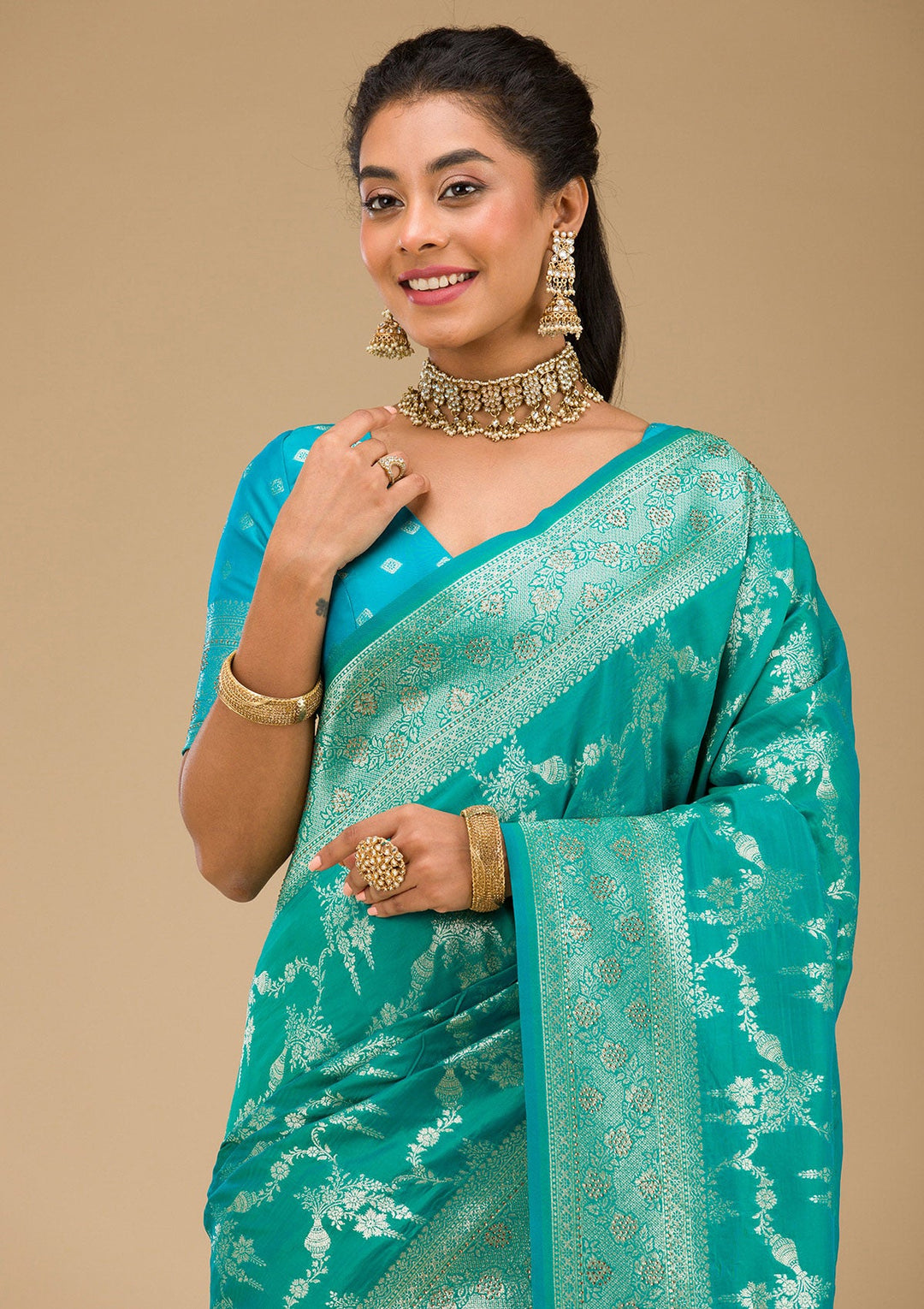 Rama Green Stonework Art Silk Saree-Koskii
