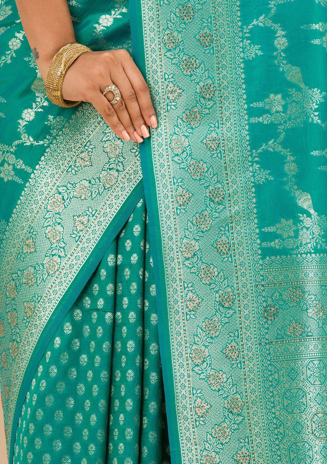 Rama Green Stonework Art Silk Saree-Koskii