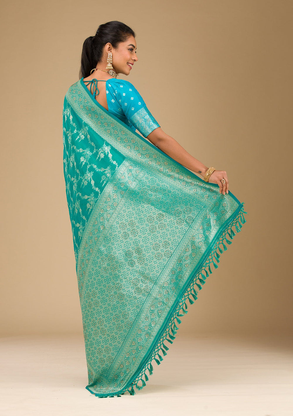 Rama Green Stonework Art Silk Saree-Koskii