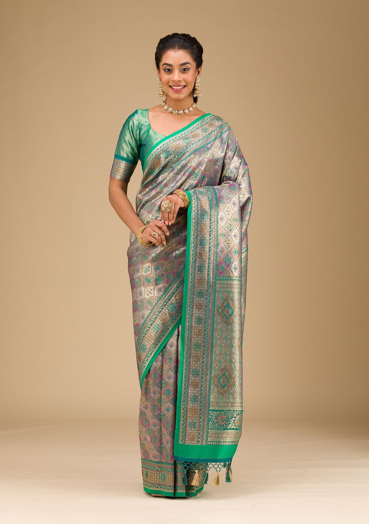 Rama Green Swarovski Raw Silk Saree-Koskii