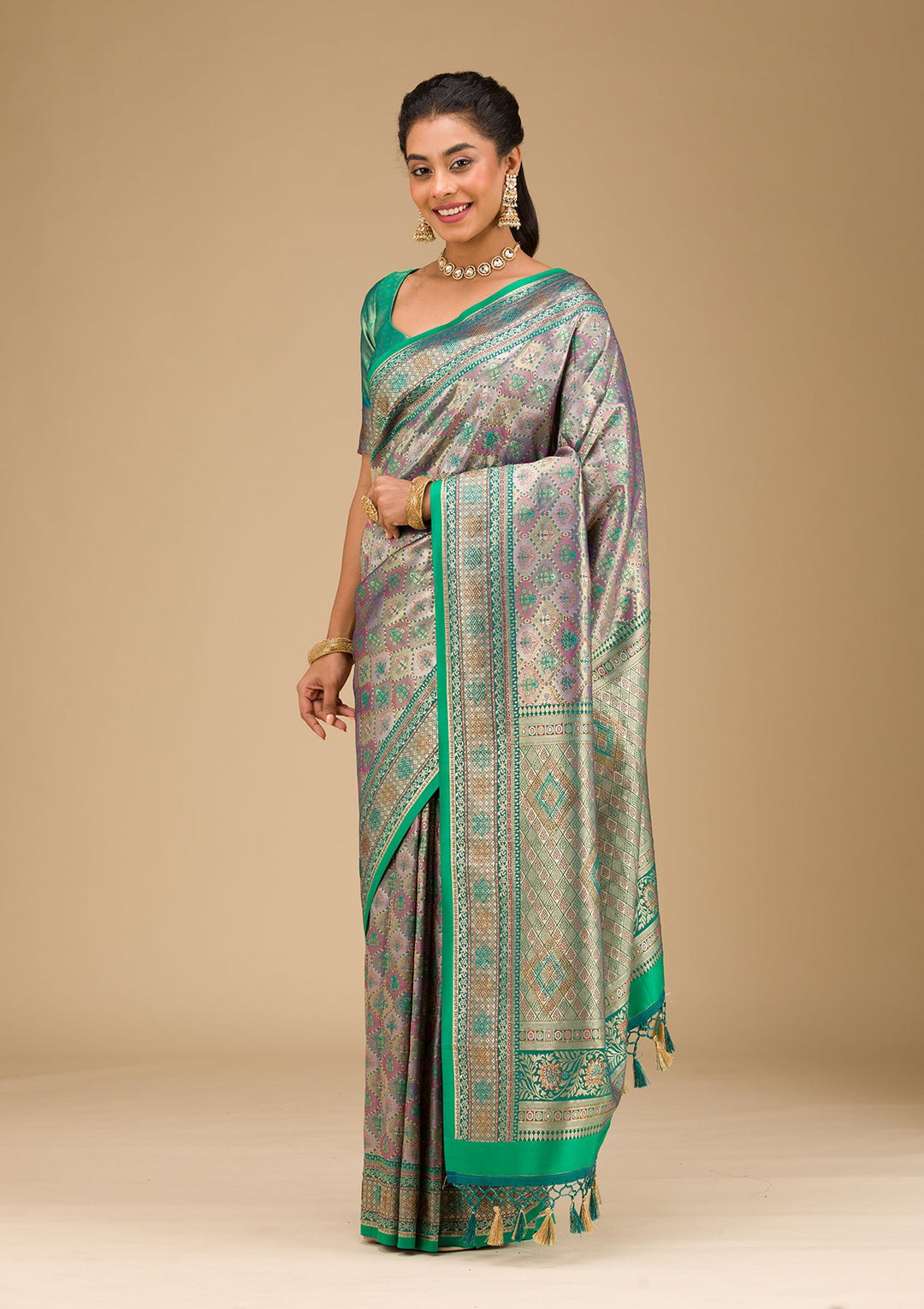 Rama Green Swarovski Raw Silk Saree-Koskii