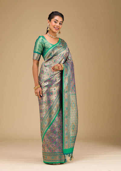 Rama Green Swarovski Raw Silk Saree-Koskii