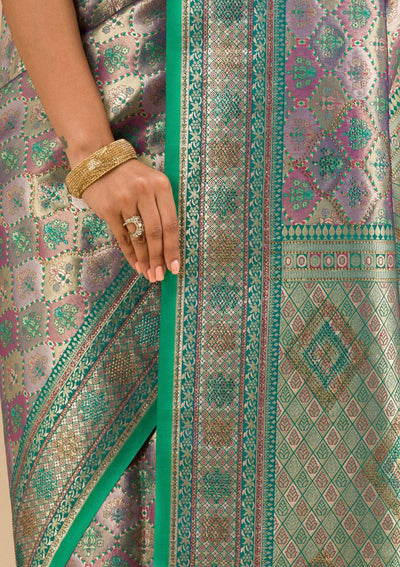 Rama Green Swarovski Raw Silk Saree-Koskii