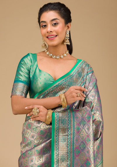 Rama Green Swarovski Raw Silk Saree-Koskii