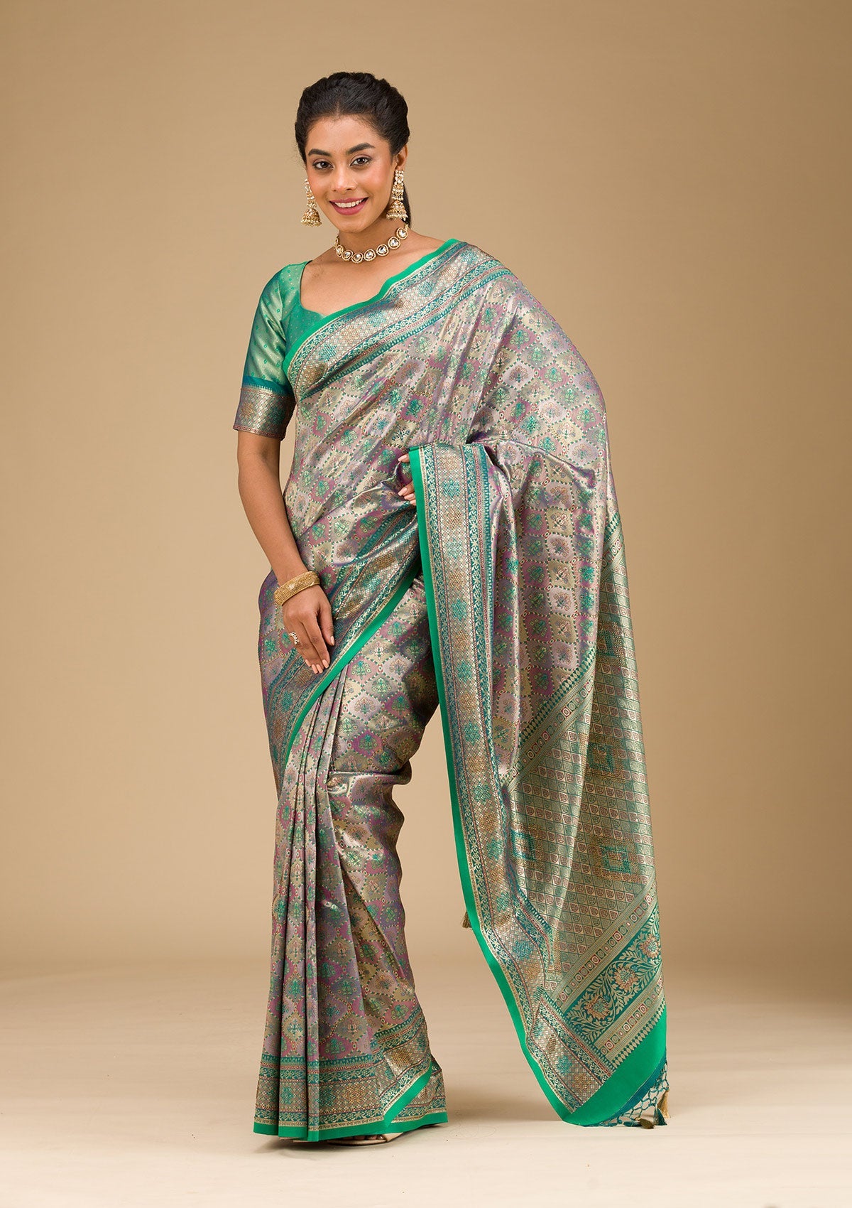 Rama Green Swarovski Raw Silk Saree-Koskii