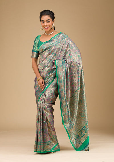 Rama Green Swarovski Raw Silk Saree-Koskii