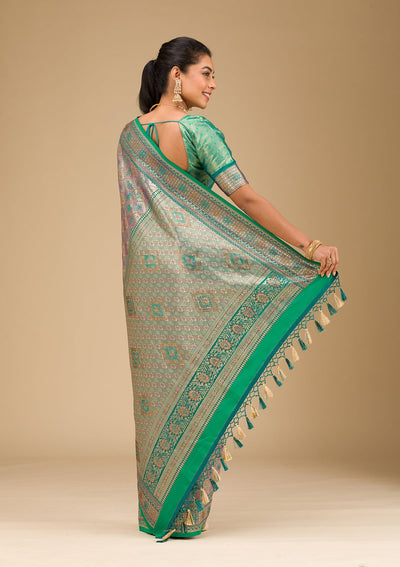 Rama Green Swarovski Raw Silk Saree-Koskii