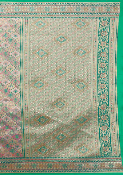 Rama Green Swarovski Raw Silk Saree-Koskii