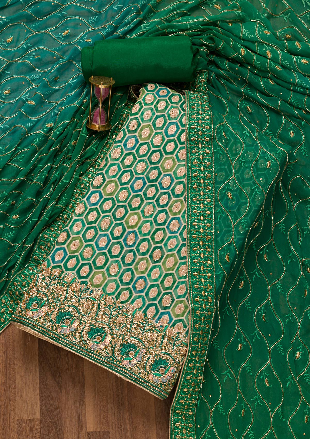 Rama Green Cutdana Georgette Unstitched Salwar Suit-Koskii