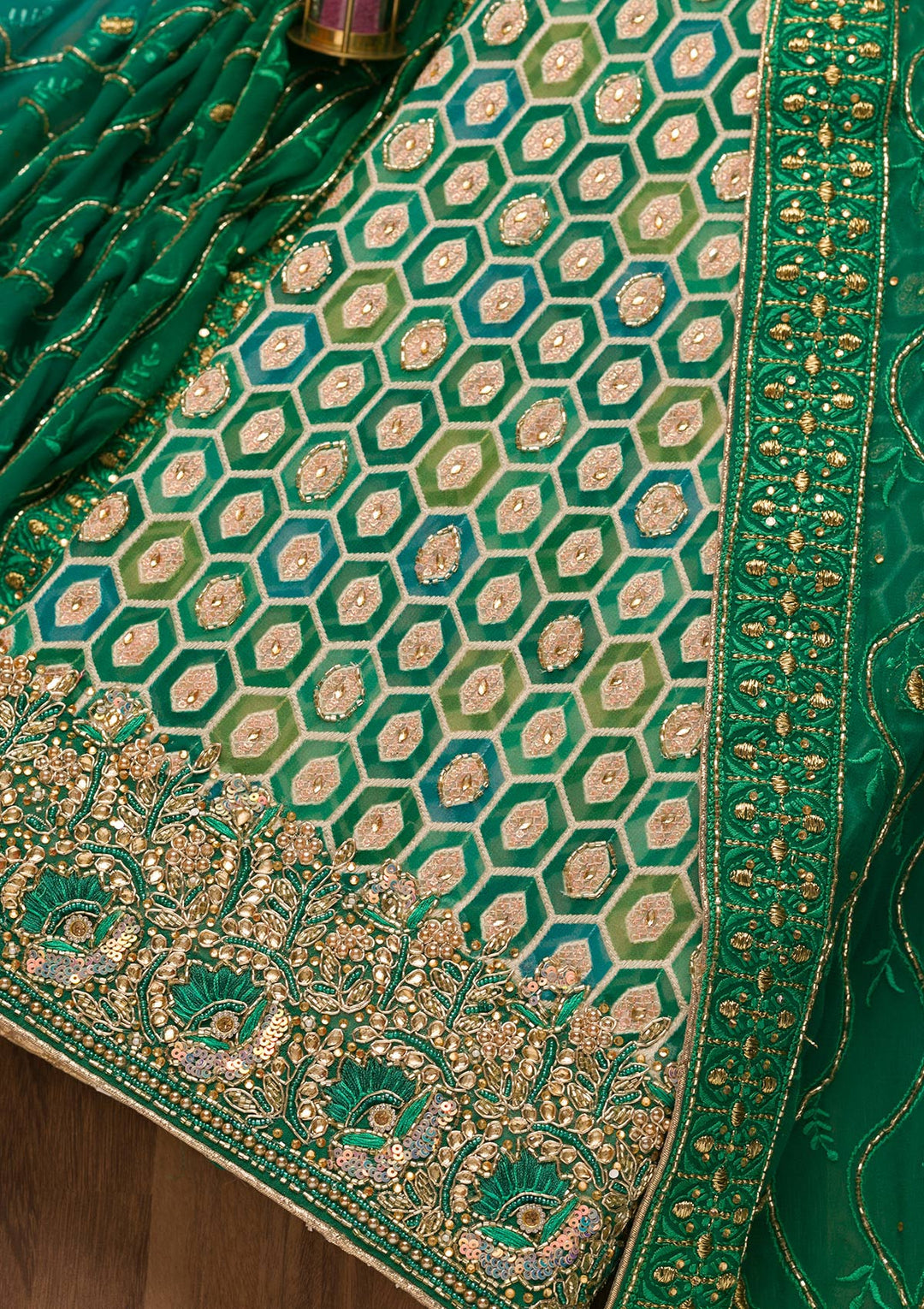 Rama Green Cutdana Georgette Unstitched Salwar Suit-Koskii